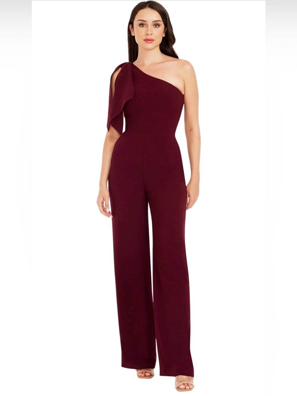 Dress the Population Burgundy One-Shoulder Jumpsuit with Shoulder Bow